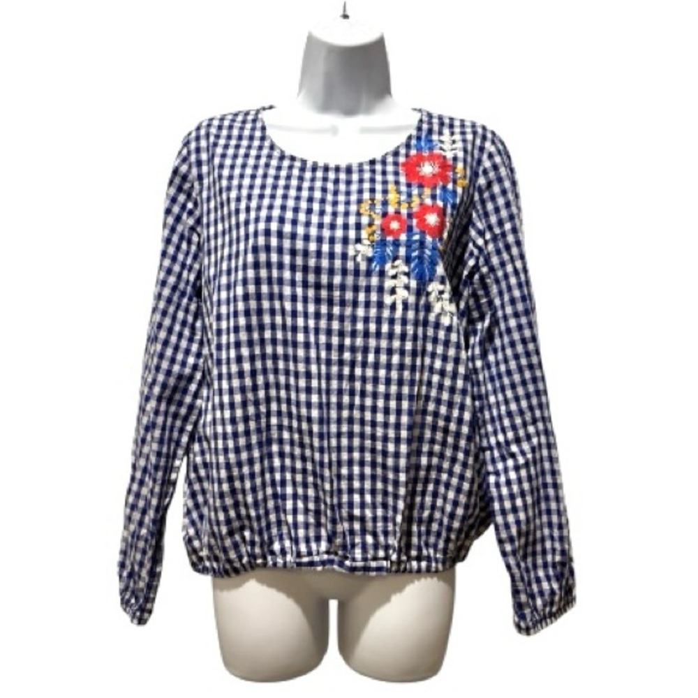 Cherish Gingham Floral Embroidered Top Blue Check — Fits Medium